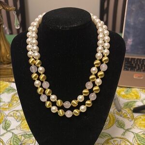 Napier Pearl, Rose Quartz and Gold Beaded Necklace and Rose Quartz Earrings